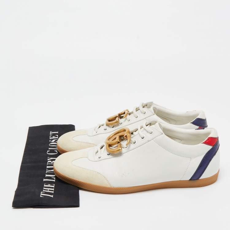 Pre Owned Gucci White Leather and Suede GG Lace Up Sneakers Size 41.5  