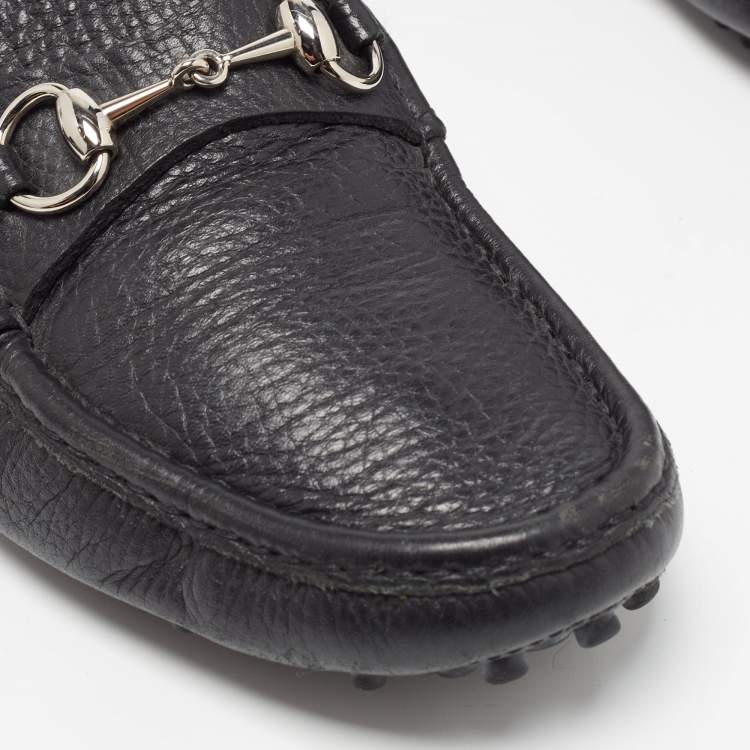 Pre Owned Gucci Black Leather Horsebit Slip On Loafers Size 42
