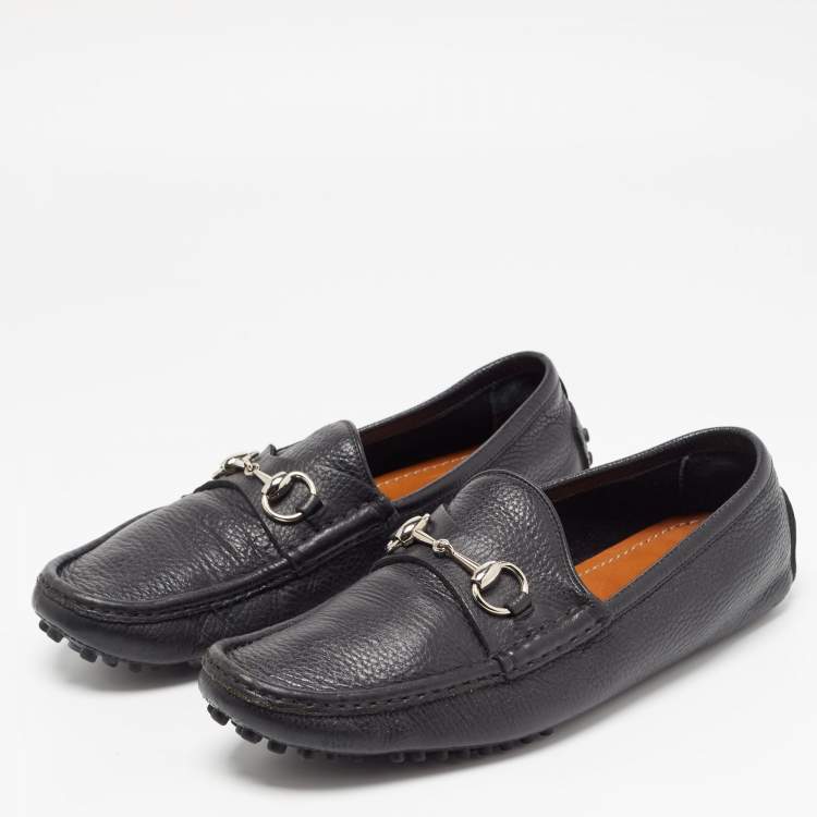Pre Owned Gucci Black Leather Horsebit Slip On Loafers Size 42