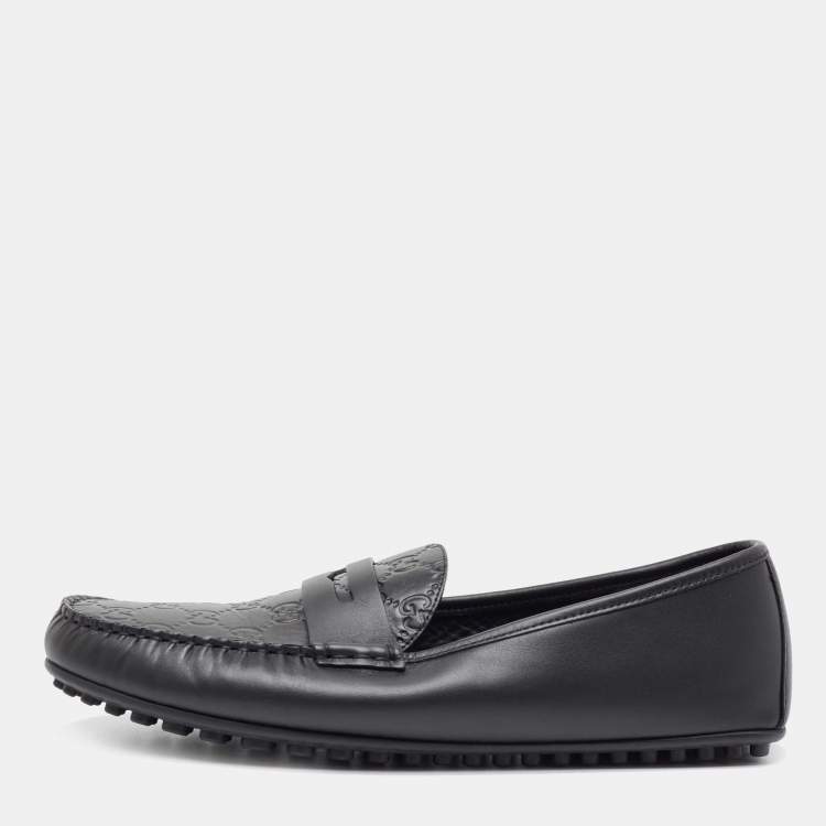 Pre Owned Gucci Black Guccissima Leather Penny Slip On Loafers size 44.5