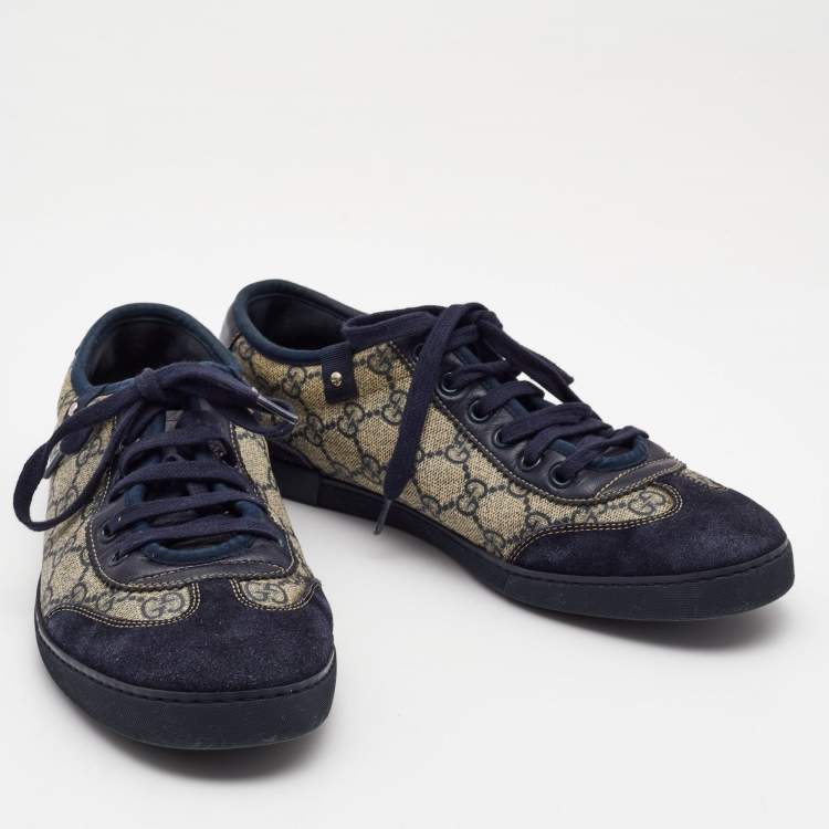 Pre Owned Gucci Navy blue/Grey GG Canvas and Suede Low Top Sneakers  Size 40.5
