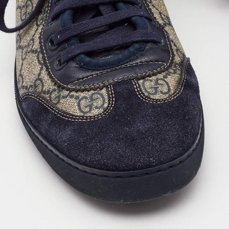 Pre Owned Gucci Navy blue/Grey GG Canvas and Suede Low Top Sneakers  Size 40.5