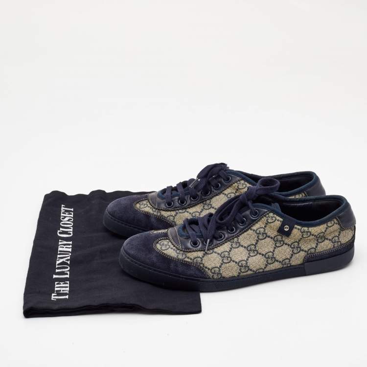 Pre Owned Gucci Navy blue/Grey GG Canvas and Suede Low Top Sneakers  Size 40.5