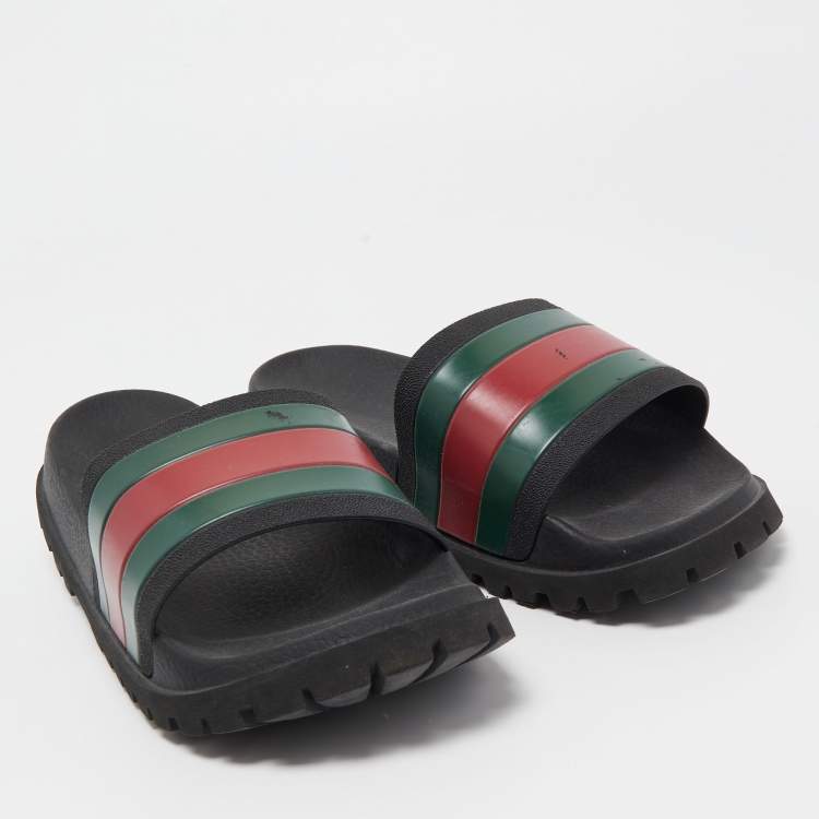 Pre Owned Gucci Black Rubber Web Detail Slide Sandals Size 40