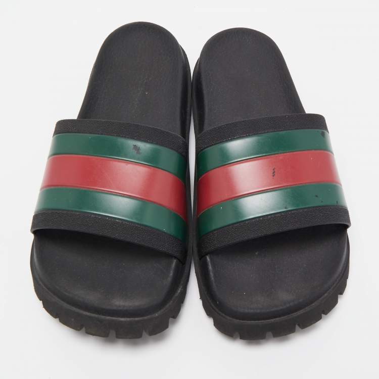 Pre Owned Gucci Black Rubber Web Detail Slide Sandals Size 40