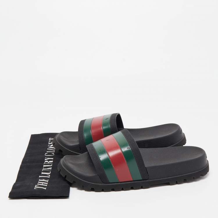 Pre Owned Gucci Black Rubber Web Detail Slide Sandals Size 40