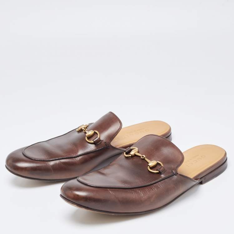 مملوكة مسبقًا Gucci Brown Leather Horsebit Princetown Flat Mules Size 43