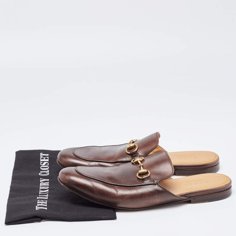 مملوكة مسبقًا Gucci Brown Leather Horsebit Princetown Flat Mules Size 43