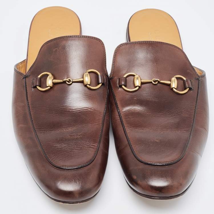 مملوكة مسبقًا Gucci Brown Leather Horsebit Princetown Flat Mules Size 43