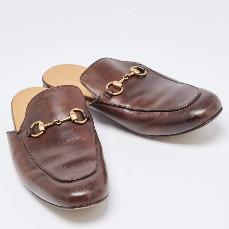مملوكة مسبقًا Gucci Brown Leather Horsebit Princetown Flat Mules Size 43