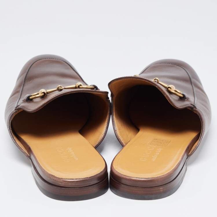 مملوكة مسبقًا Gucci Brown Leather Horsebit Princetown Flat Mules Size 43