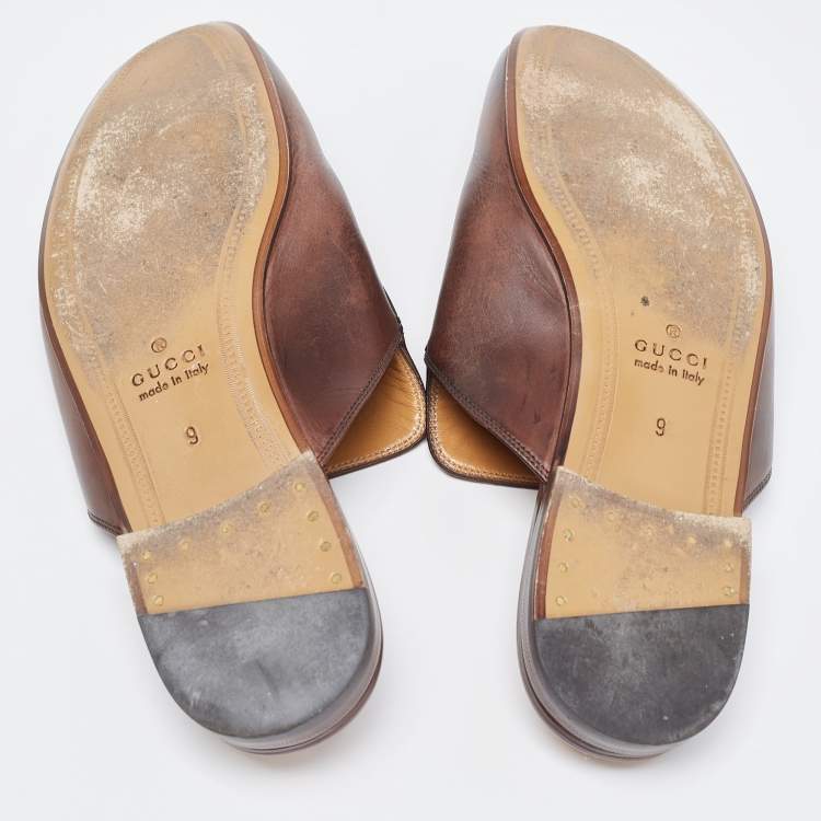 مملوكة مسبقًا Gucci Brown Leather Horsebit Princetown Flat Mules Size 43