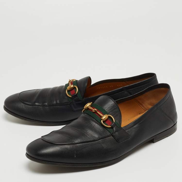 Pre Owned Gucci Black Leather Web Horsebit Slip On Loafers Size 44