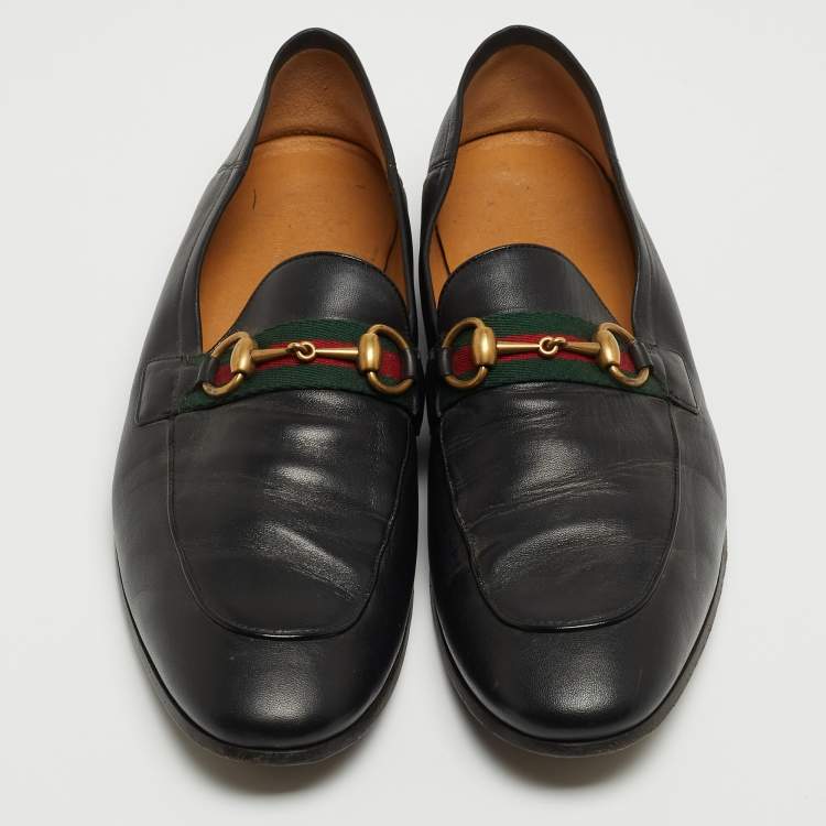 Pre Owned Gucci Black Leather Web Horsebit Slip On Loafers Size 44