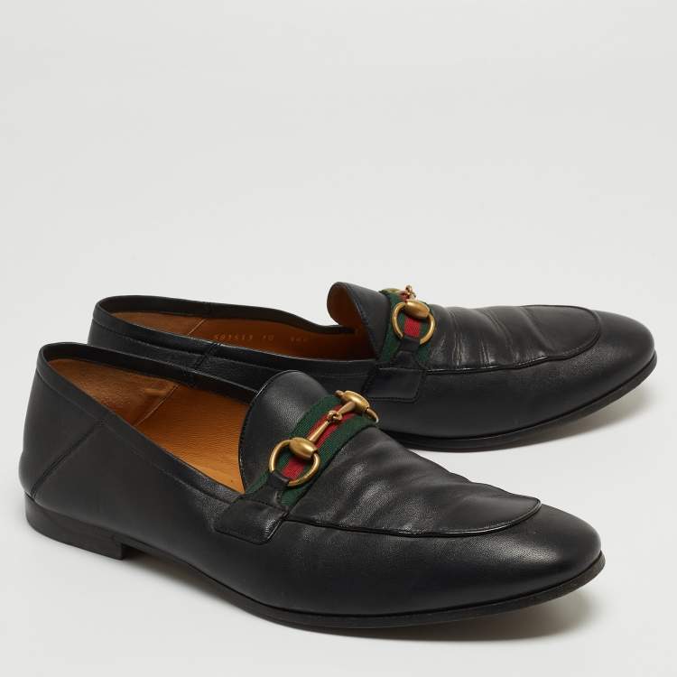 Pre Owned Gucci Black Leather Web Horsebit Slip On Loafers Size 44