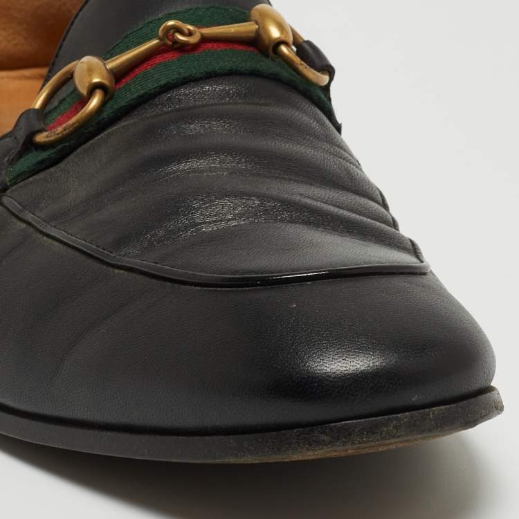 Pre Owned Gucci Black Leather Web Horsebit Slip On Loafers Size 44