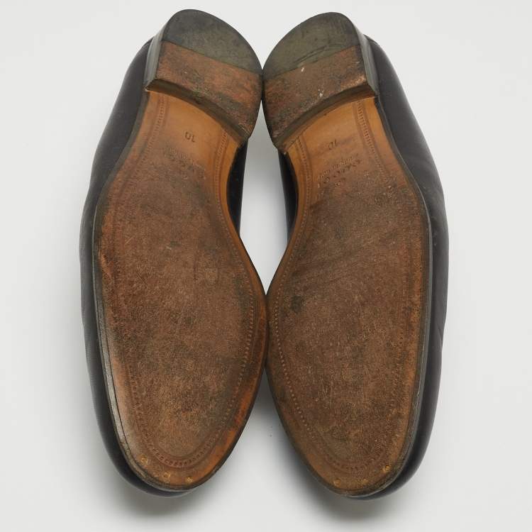 Pre Owned Gucci Black Leather Web Horsebit Slip On Loafers Size 44