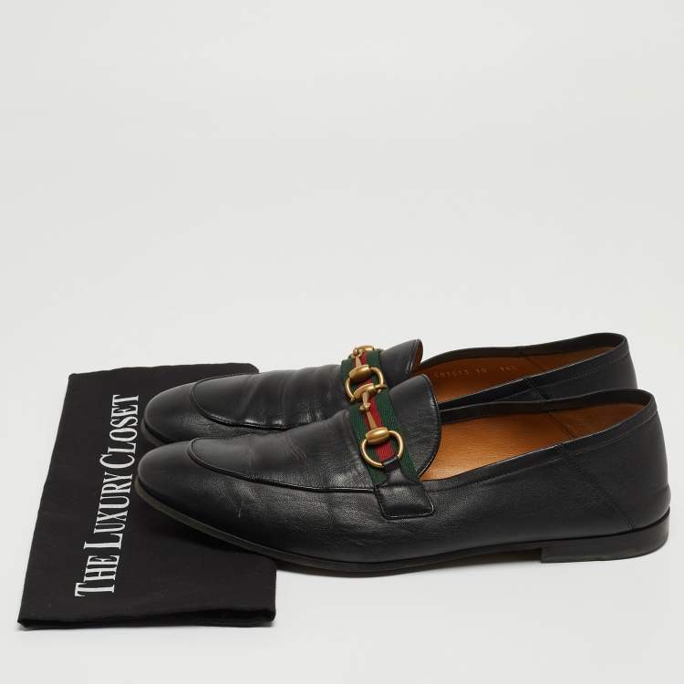 Pre Owned Gucci Black Leather Web Horsebit Slip On Loafers Size 44