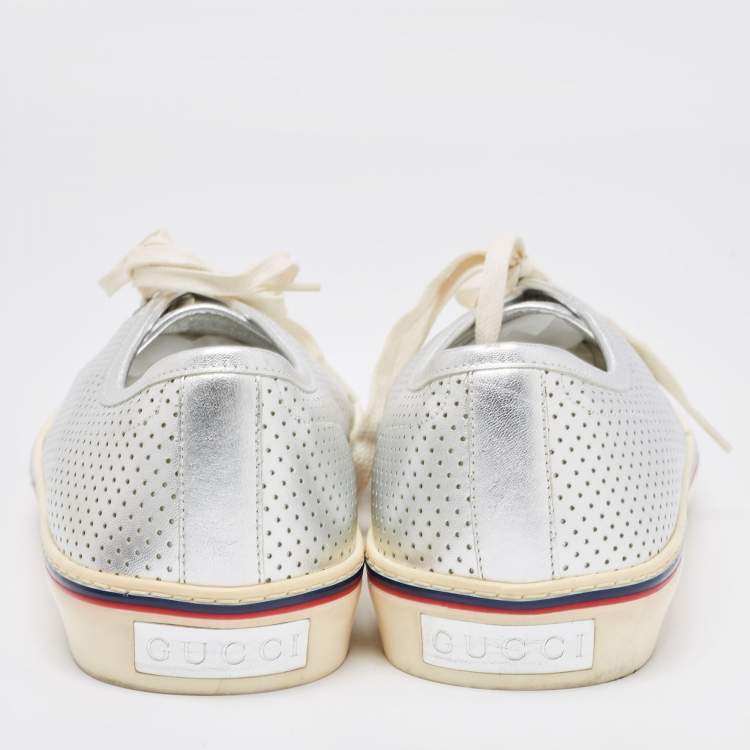 Pre Owned Gucci Silver Perforated Leather Low Top Sneakers Size 44.5 