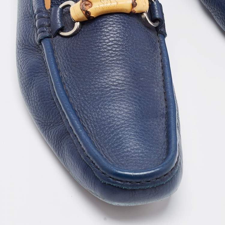 Pre Owned Gucci Navy Blue Leather Bamboo Horsebit Loafers Size 45.5
