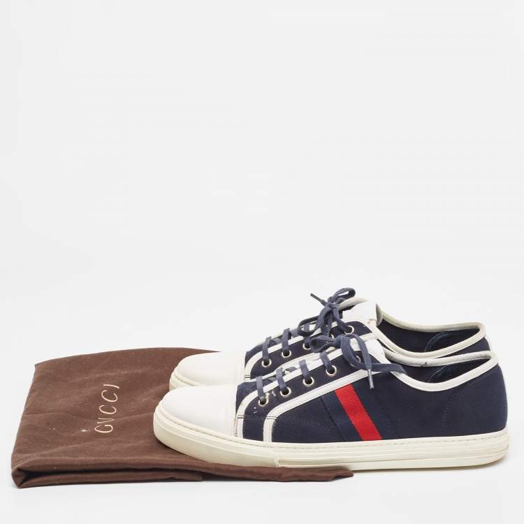 Pre Owned Gucci Navy Blue Canvas And  Leather Web Detail Lace Up Sneakers Size 44.5