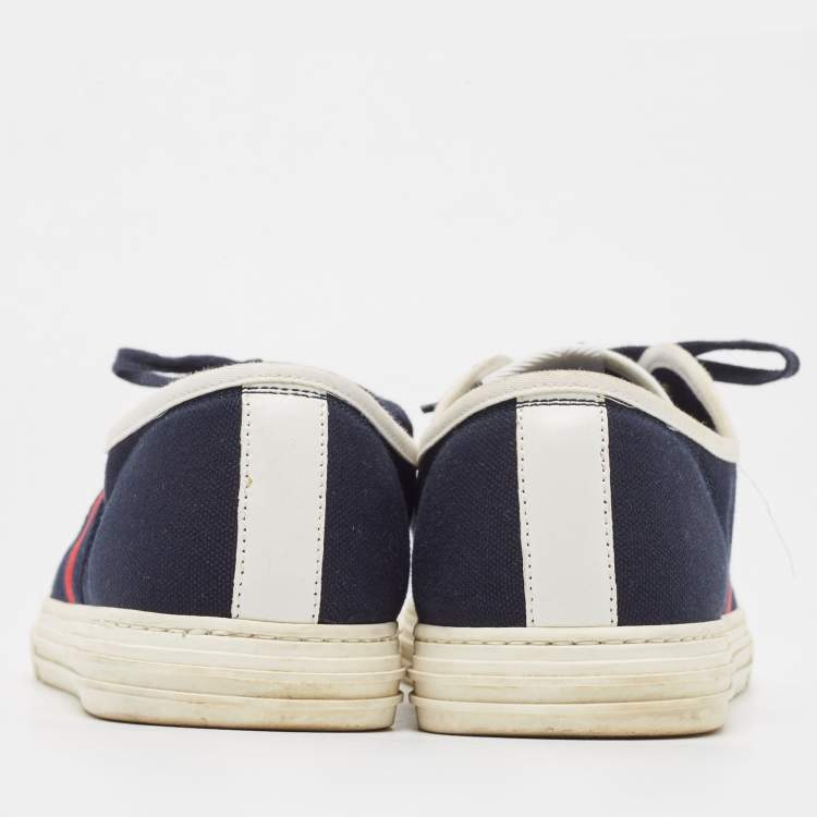 Pre Owned Gucci Navy Blue Canvas And  Leather Web Detail Lace Up Sneakers Size 44.5