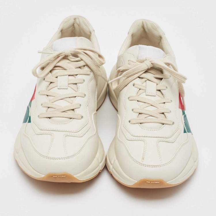 Pre Owned Gucci Cream Leather Web Print Rhyton Sneakers Size 41