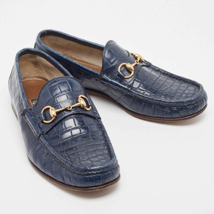 مملوكة مسبقًا Gucci Navy Blue Crocodile Leather Horsebit Loafers Size 42