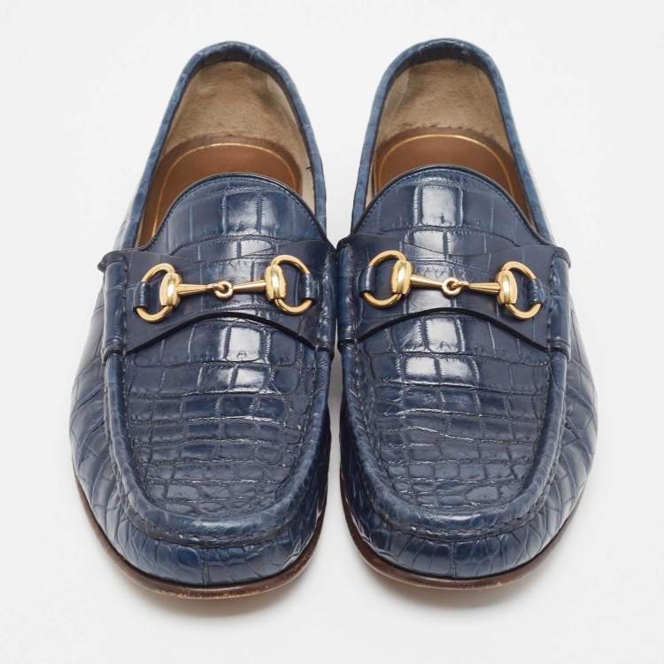 مملوكة مسبقًا Gucci Navy Blue Crocodile Leather Horsebit Loafers Size 42