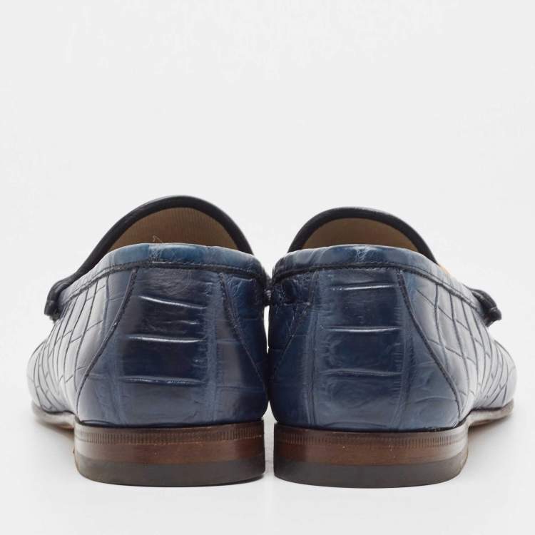 مملوكة مسبقًا Gucci Navy Blue Crocodile Leather Horsebit Loafers Size 42