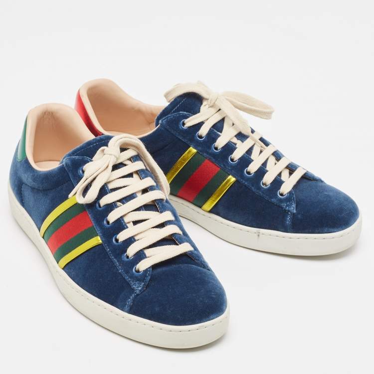 Pre Owned Gucci Blue Velvet And  Foil Leather Web Detail Ace Sneakers Size 42.5
