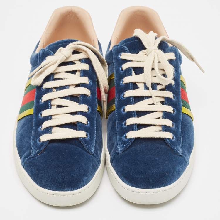 Pre Owned Gucci Blue Velvet And  Foil Leather Web Detail Ace Sneakers Size 42.5