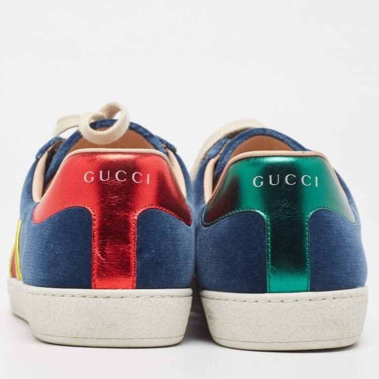 Pre Owned Gucci Blue Velvet And  Foil Leather Web Detail Ace Sneakers Size 42.5