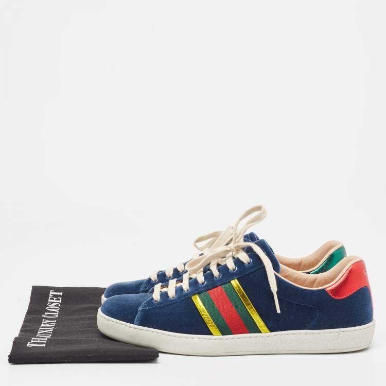 Pre Owned Gucci Blue Velvet And  Foil Leather Web Detail Ace Sneakers Size 42.5