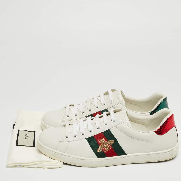 Pre Owned Gucci White Leather Embroidered Bee Ace Sneakers Size 42.5
