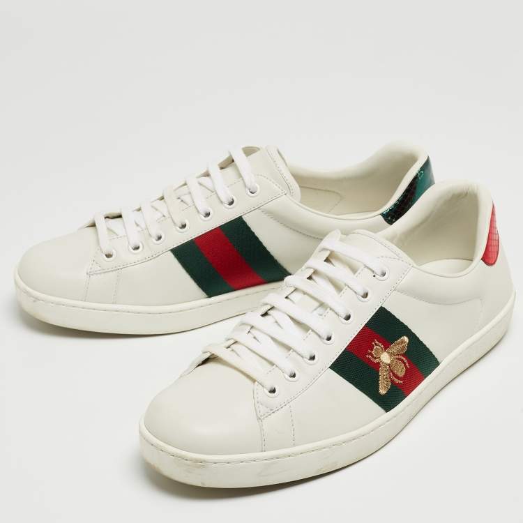 Pre Owned Gucci White Leather Embroidered Bee Ace Sneakers Size 42.5