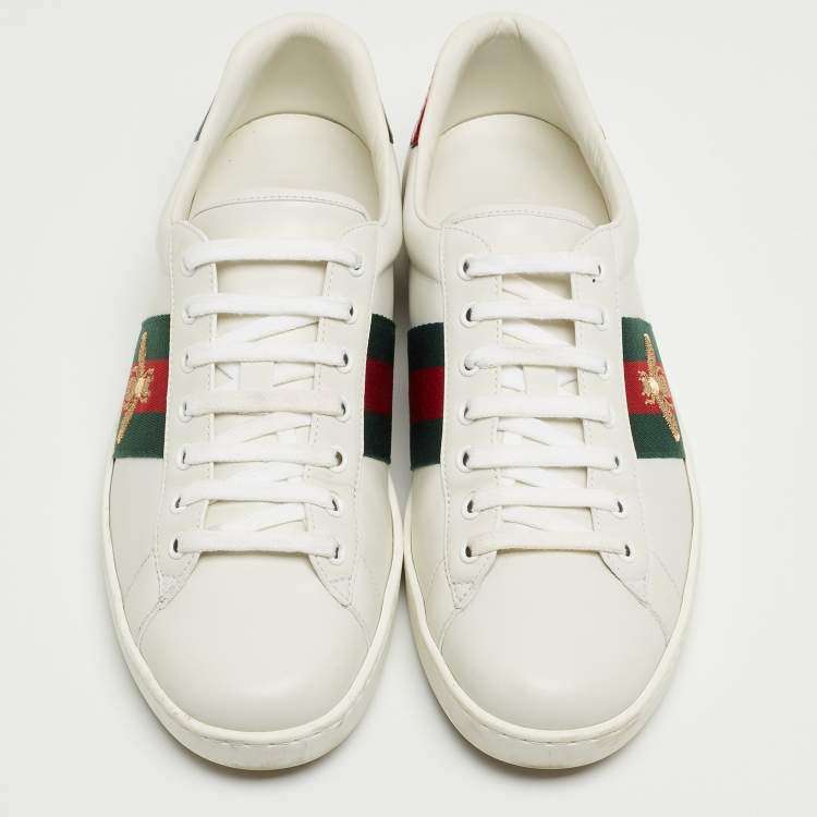 Pre Owned Gucci White Leather Embroidered Bee Ace Sneakers Size 42.5