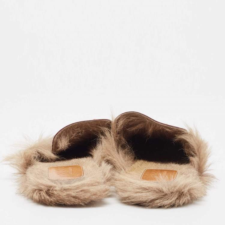 Pre Owned Gucci Princetown Burgundy Leather and  Fur Mules Size 45