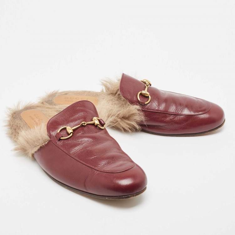 Pre Owned Gucci Princetown Burgundy Leather and  Fur Mules Size 45