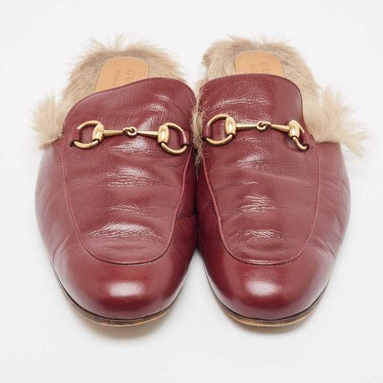 Pre Owned Gucci Princetown Burgundy Leather and  Fur Mules Size 45