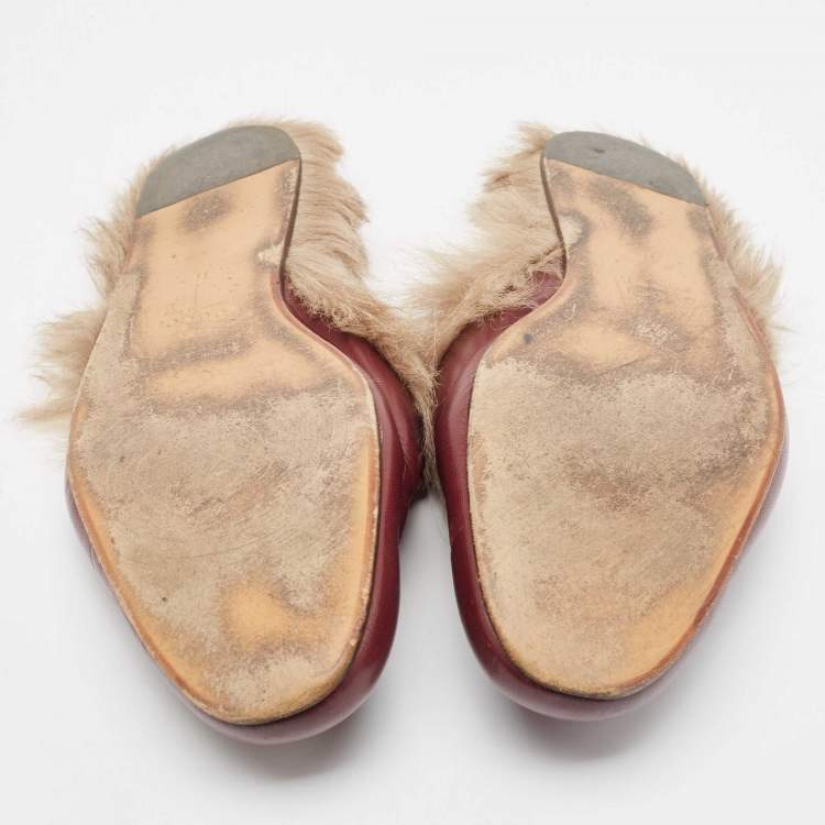 Pre Owned Gucci Princetown Burgundy Leather and  Fur Mules Size 45