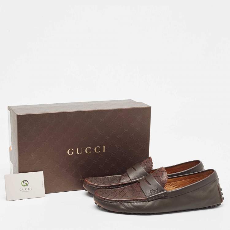 Pre Owned Gucci Dark Brown Diamante Leather Penny Slip On Loafers Size 45.5