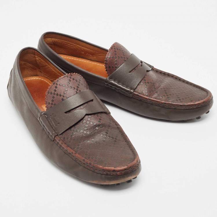 Pre Owned Gucci Dark Brown Diamante Leather Penny Slip On Loafers Size 45.5