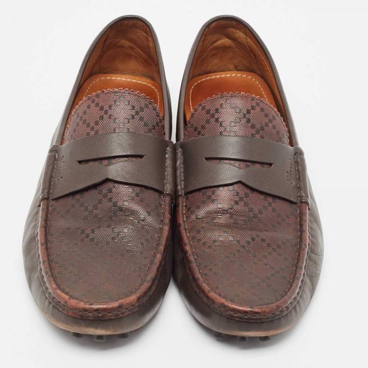 Pre Owned Gucci Dark Brown Diamante Leather Penny Slip On Loafers Size 45.5