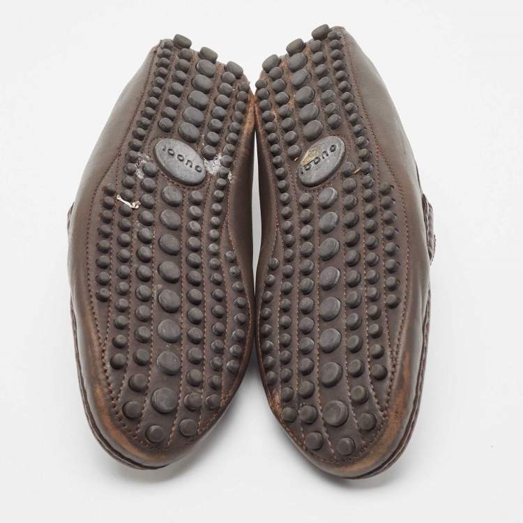 Pre Owned Gucci Dark Brown Diamante Leather Penny Slip On Loafers Size 45.5