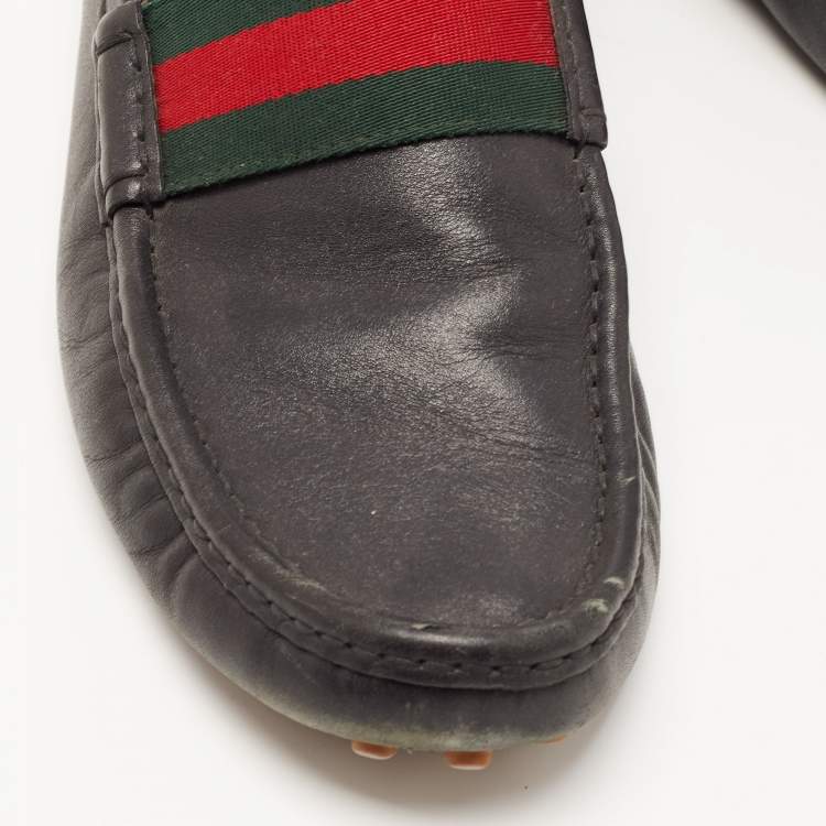 Pre Owned Gucci Navy Blue Leather Web Trim Loafers Size 45.5