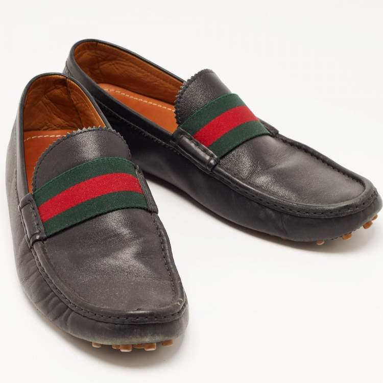 Pre Owned Gucci Navy Blue Leather Web Trim Loafers Size 45.5