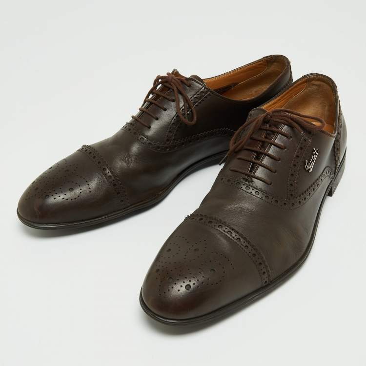 Pre Owned Gucci Brown Leather Brogue Oxfords Size 45.5