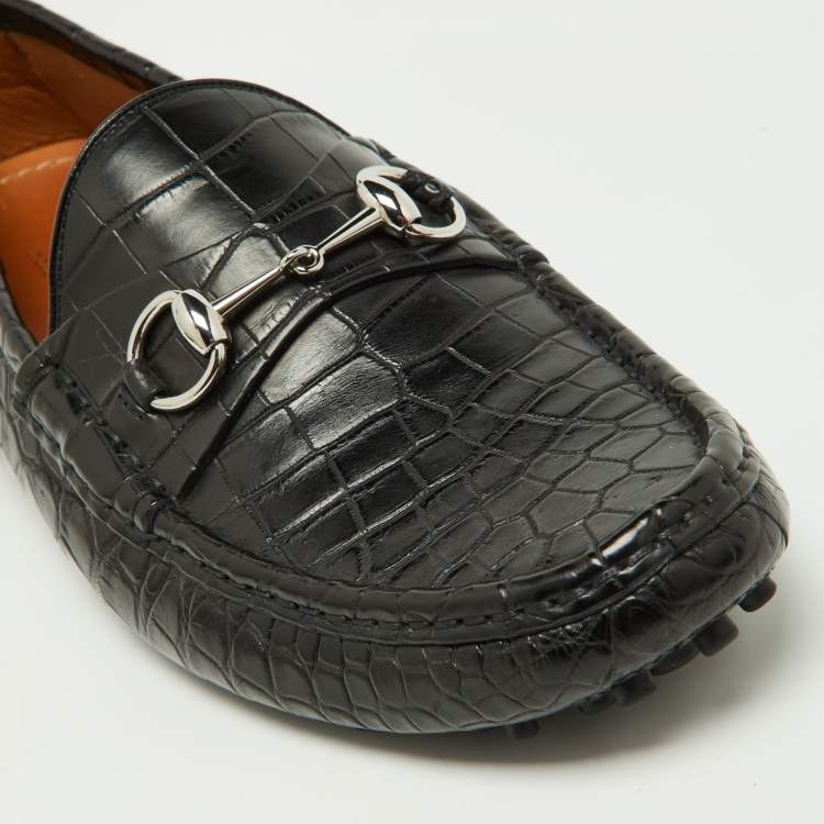 Pre Owned Gucci Black Crocodile 1953 Horsebit Loafers Size 44