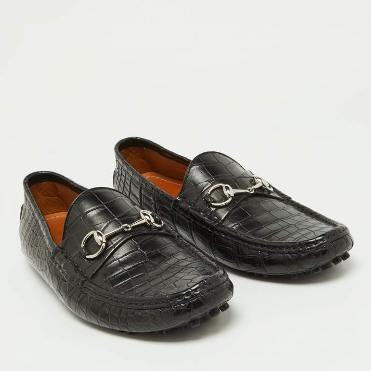 Pre Owned Gucci Black Crocodile 1953 Horsebit Loafers Size 44